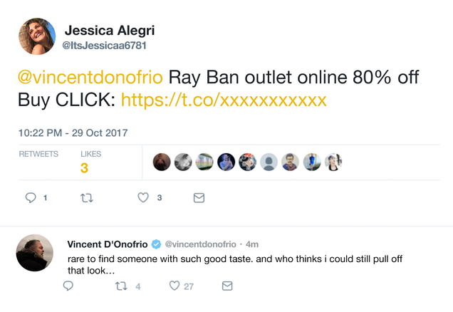 Illustration for article titled Head Over Heels: Vincent D’Onofrio Is Falling Deeply In Love With A Twitter Spambot Trying To Sell Him Ray-Bans